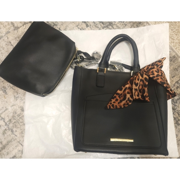 🆕️ NWT! Steve Madden Black Purse with Leopard Scarf & Matching Makeup Bag - Picture 2 of 14
